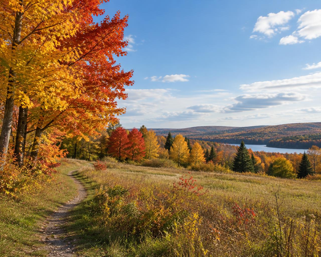 Illustrative Canadian autumn landscape with golden maple trees