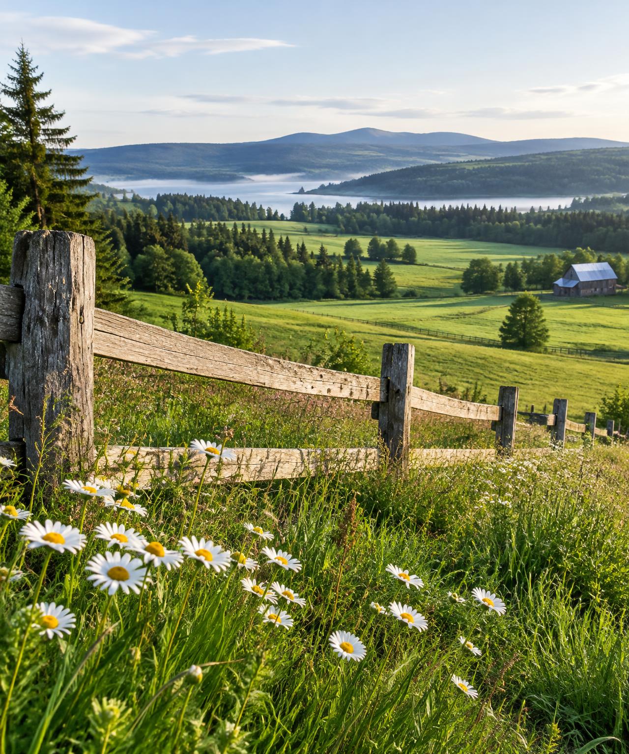 Illustrative wildflower meadow with a wooden fence and green hills