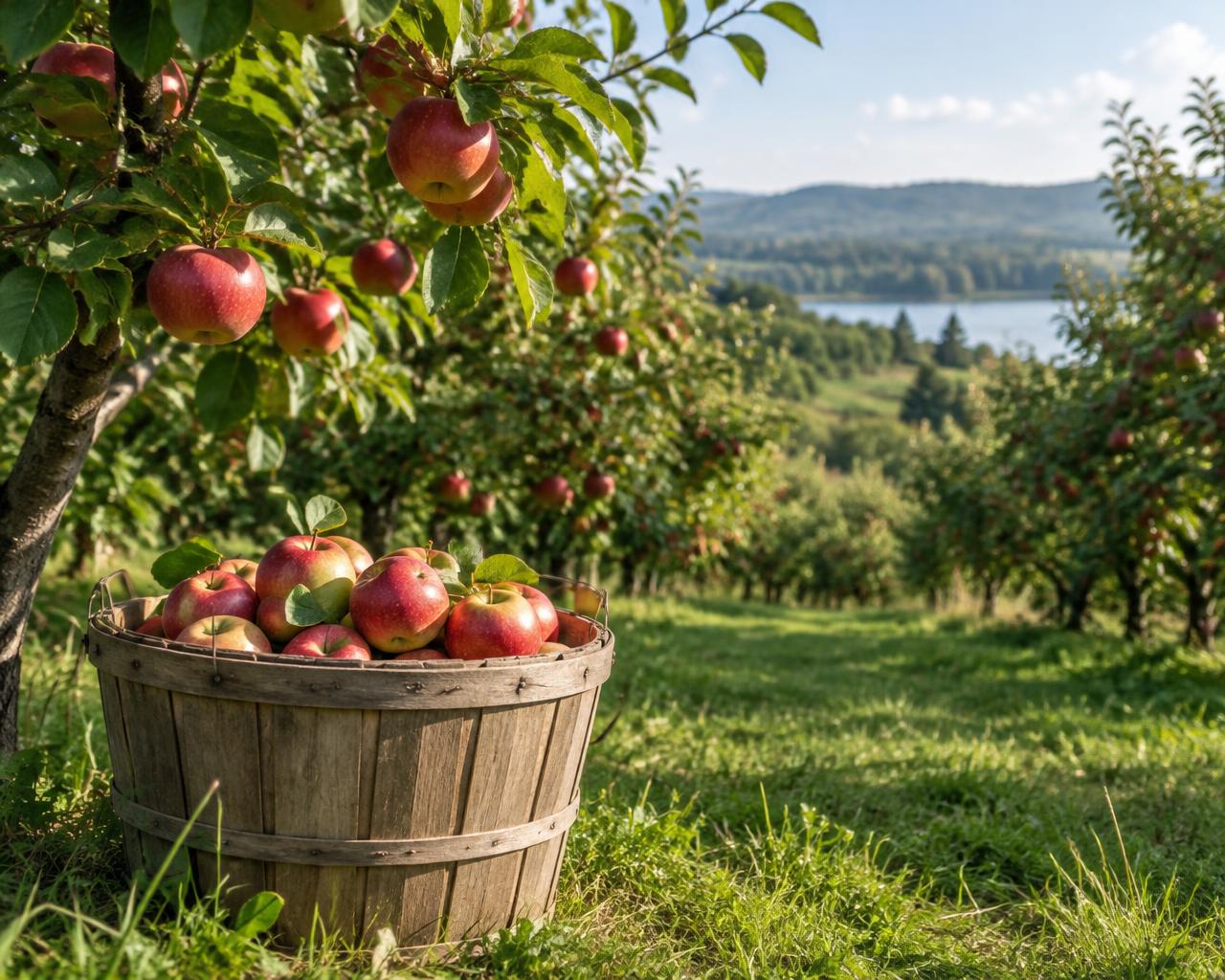 Illustrative sunlit apple orchard with a basket of apples